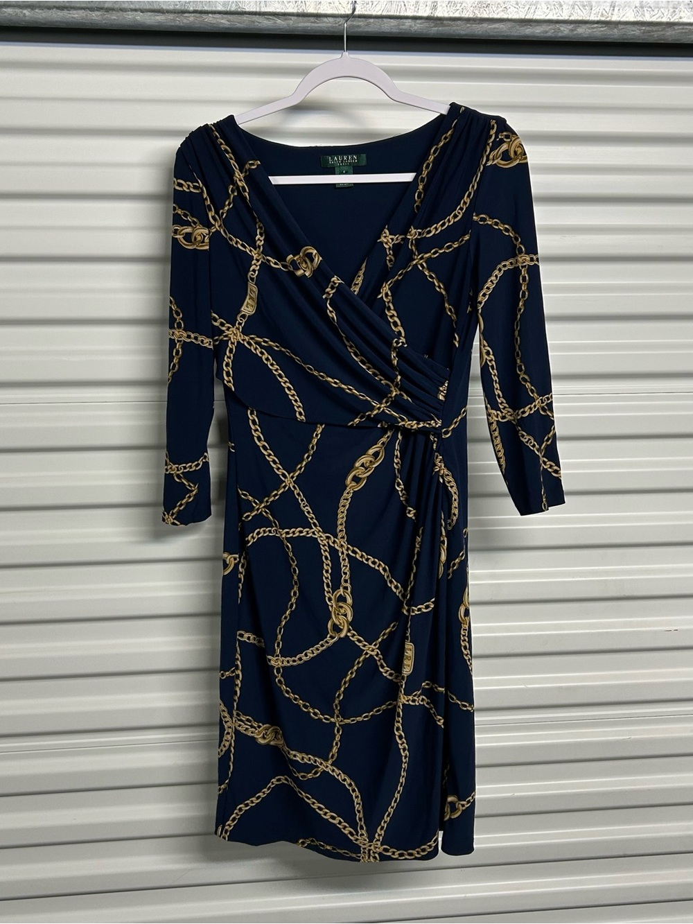 Ralph Lauren Navy Dress with Gold Chain Print